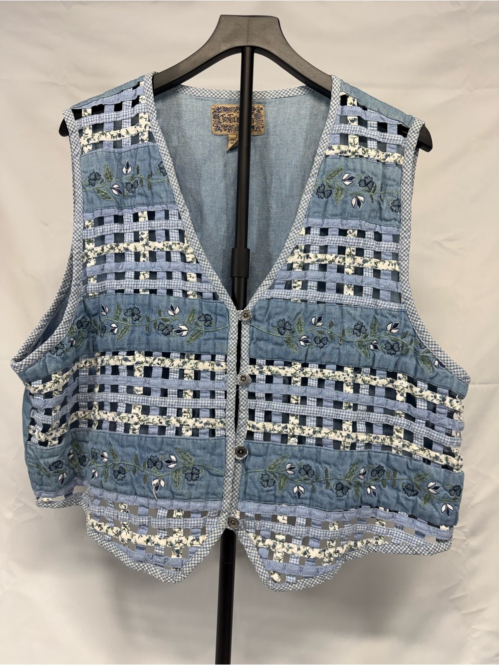 Tantrum Blues Denim Embroidered Vest Floral Cottagecore Tie Back 2X Vintage